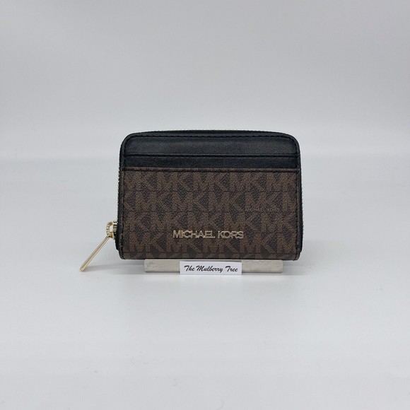 Michael Kors Brown Black Jet Set Travel MD ZA Card Case Wallet MK Signature $188